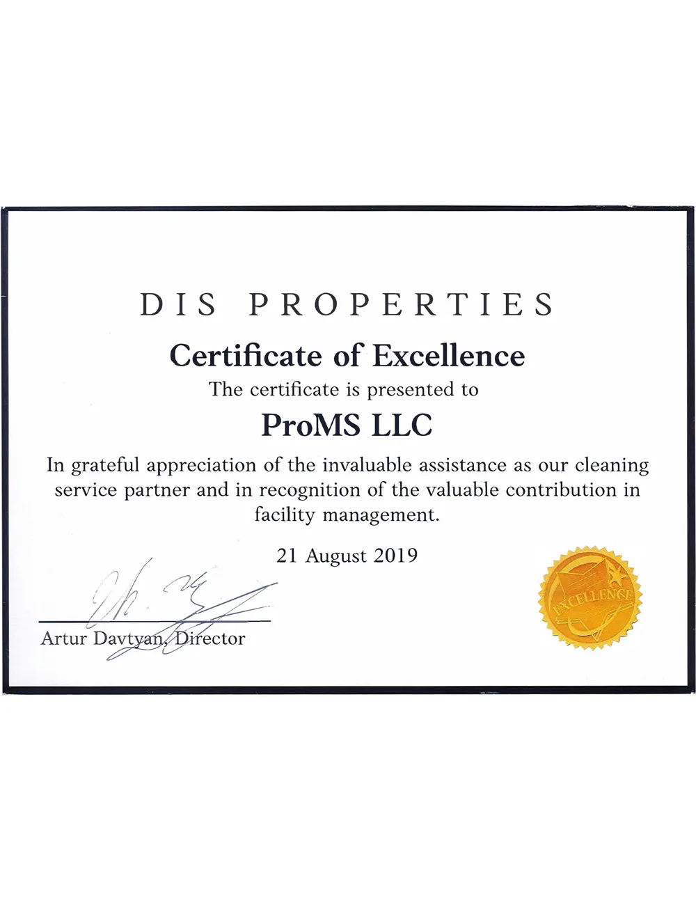 DIS Properties-ի «Certificate of Excellence» պատվոգիր